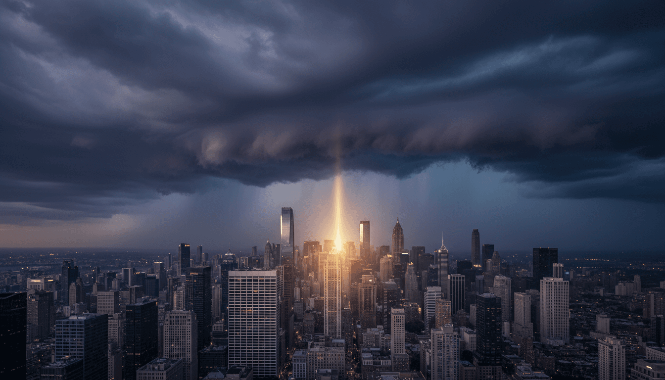 Storm clouds over a city with a shaft of light breaking through