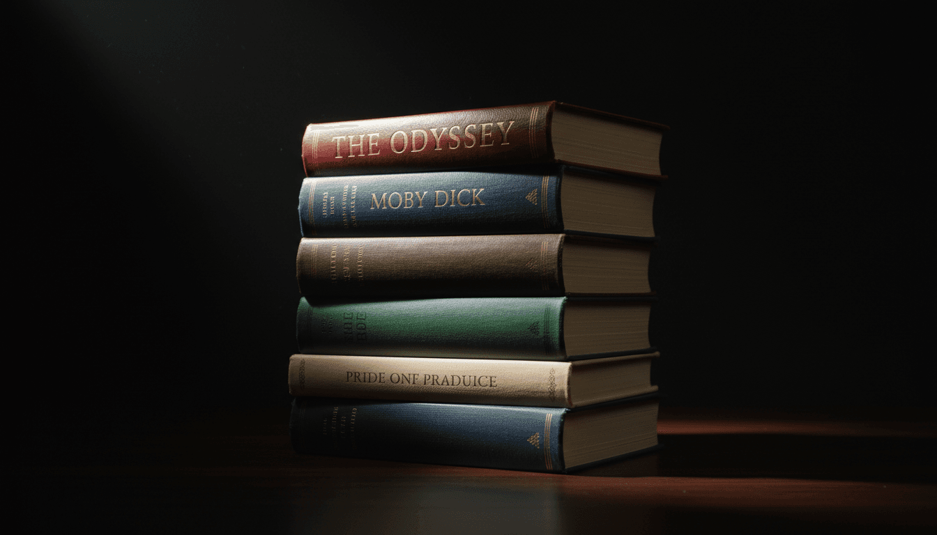 Stack of hardcover books on dark background