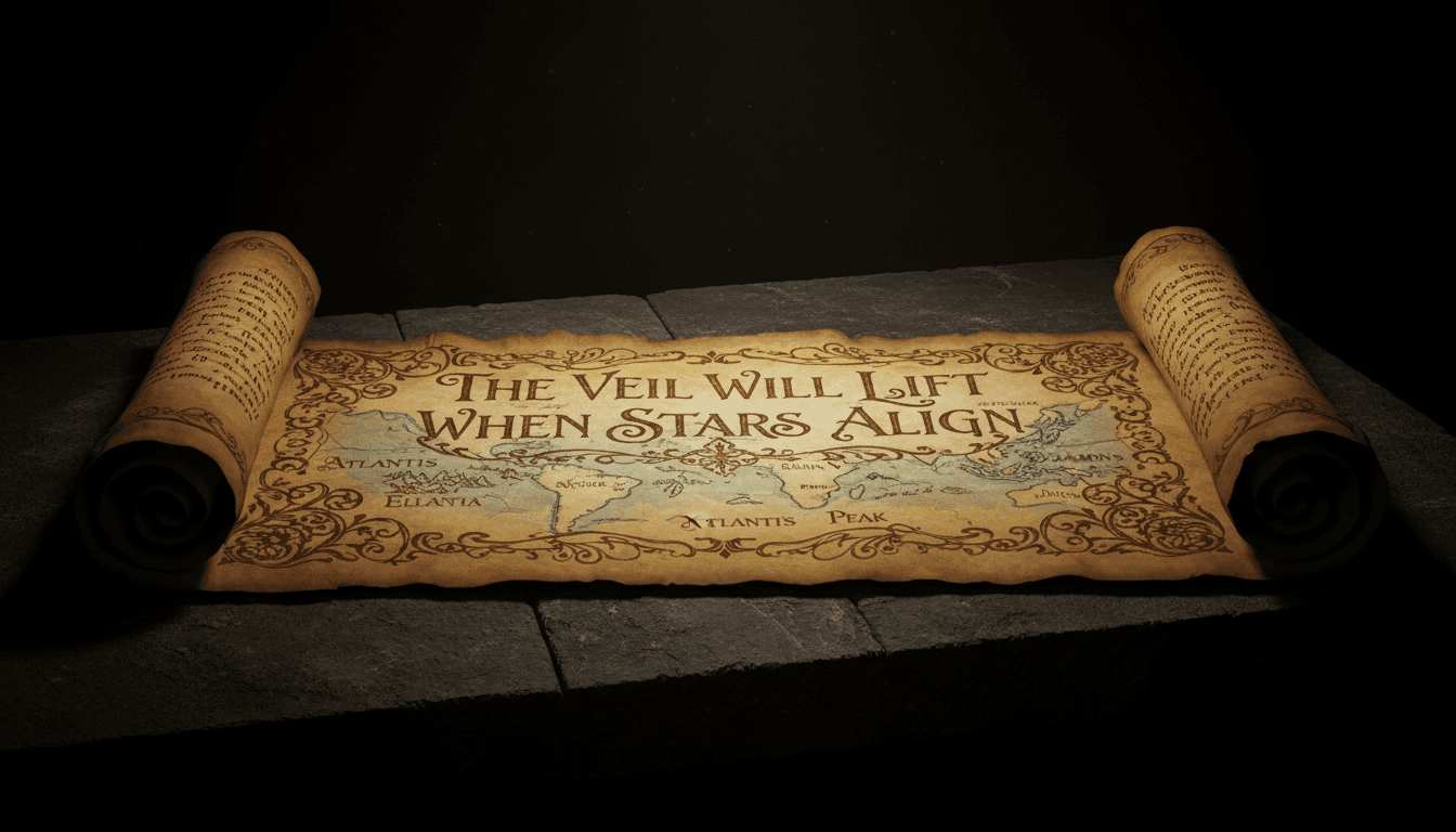 Ancient scroll with prophetic text and a world map in dim light