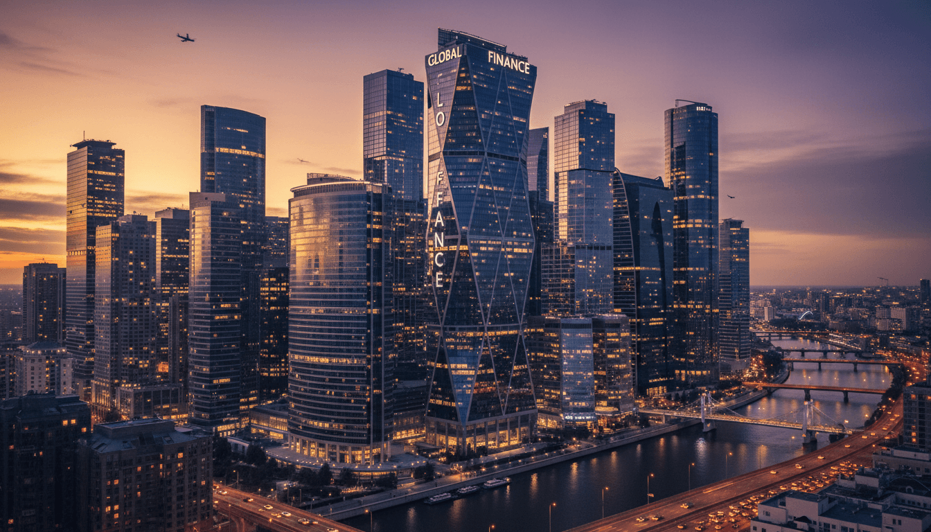 City skyline with glass towers at dusk symbolizing global financial centers