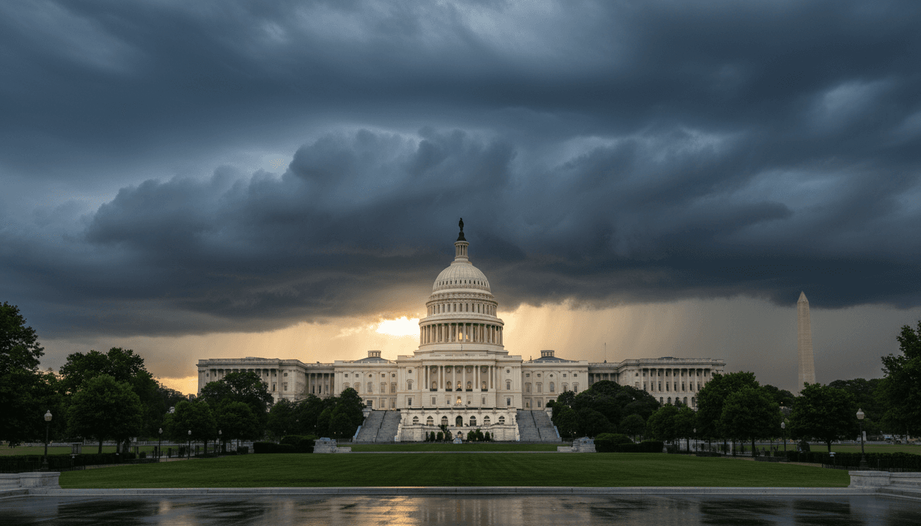 Dramatic storm clouds over a capitol building with golden light breaking through