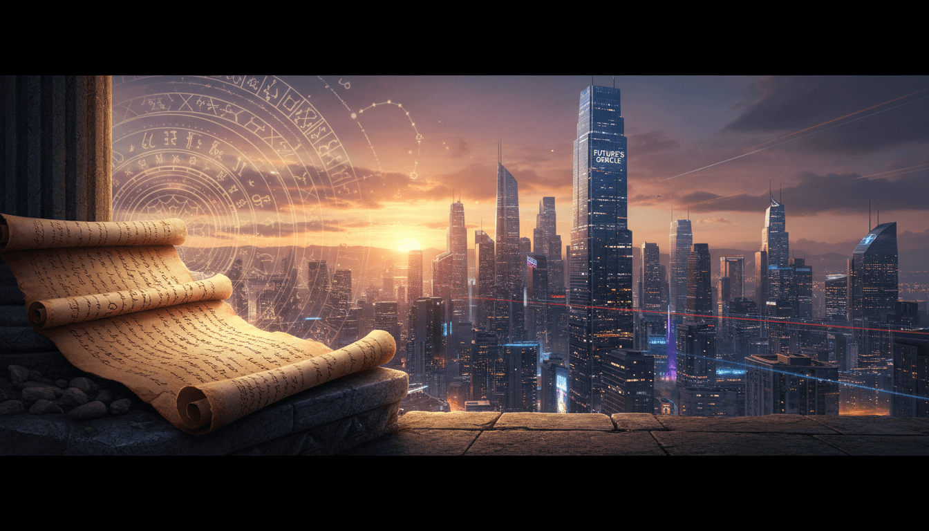 Ancient scrolls beside a modern skyline representing prophecy and current events