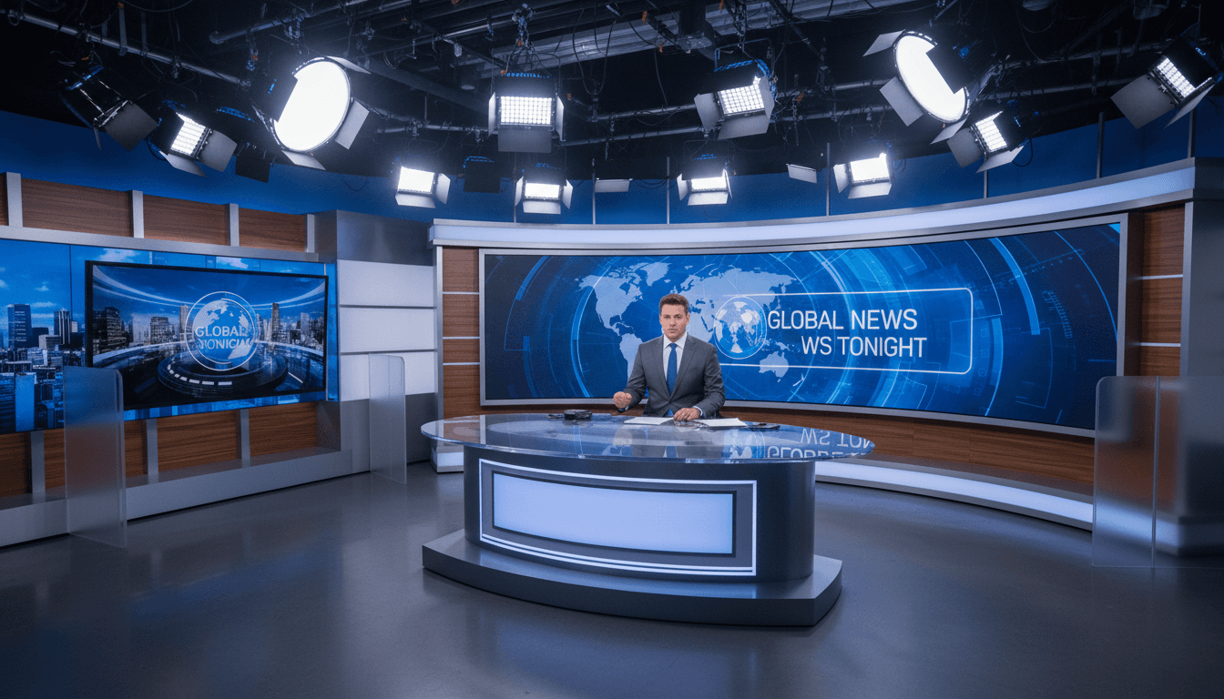 Television news studio with anchor desk