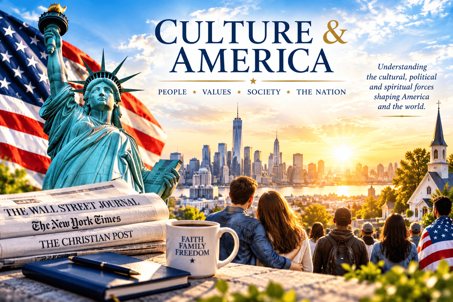 Statue of Liberty, American flag, and NYC skyline with newspapers and people at sunset.