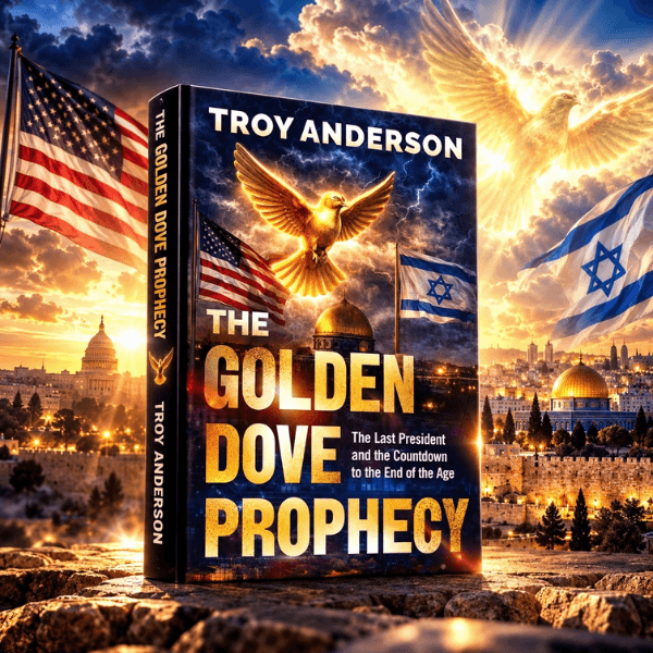 The Golden Dove Prophecy book cover featuring a golden dove, flags, and Jerusalem city skyline.