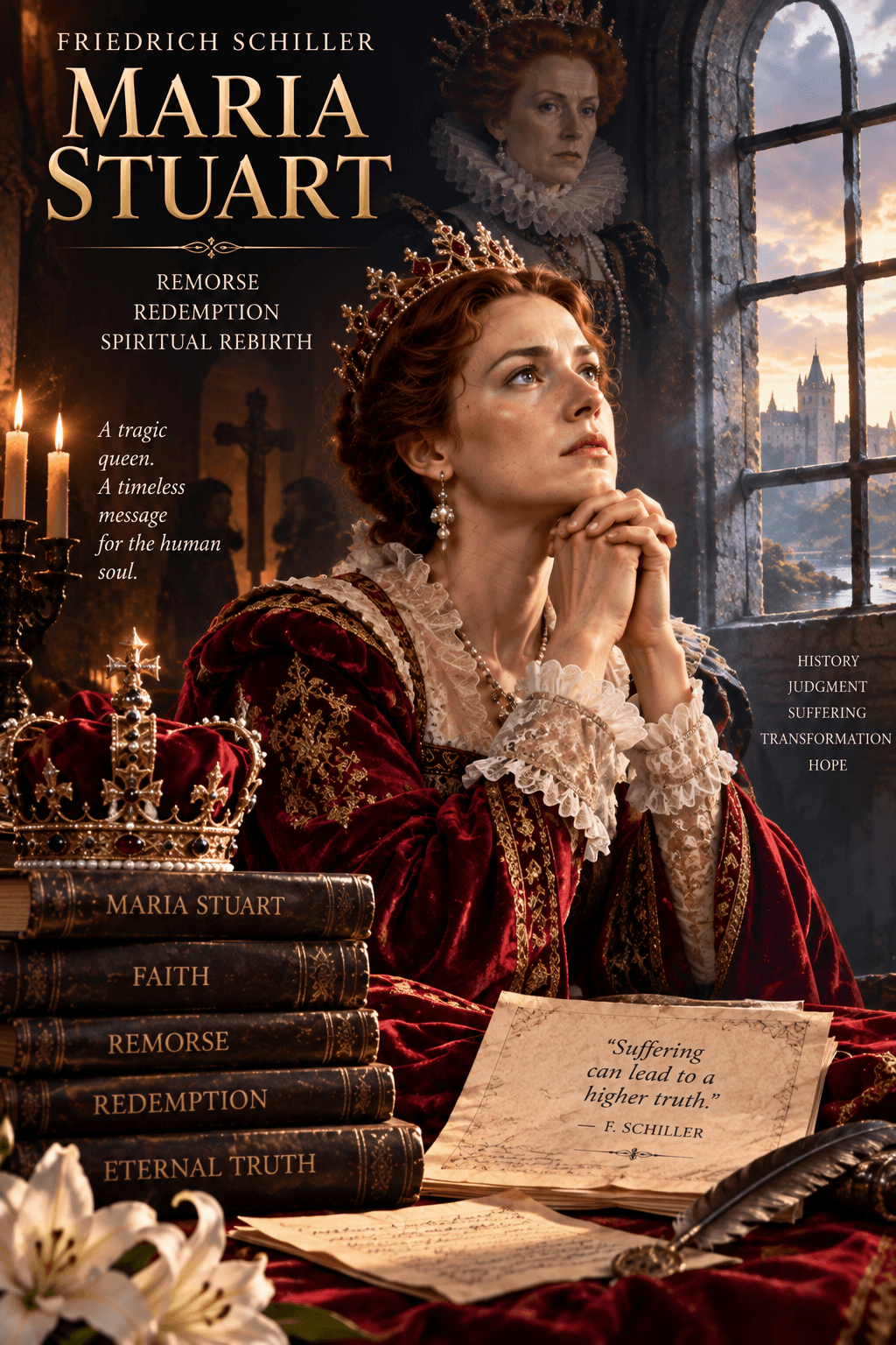 《瑪麗亞·斯圖亞特》(Maria Stuart) 書籍封面,展示一名身穿紅天鵝絨服裝禱告的女王與歷史書籍。