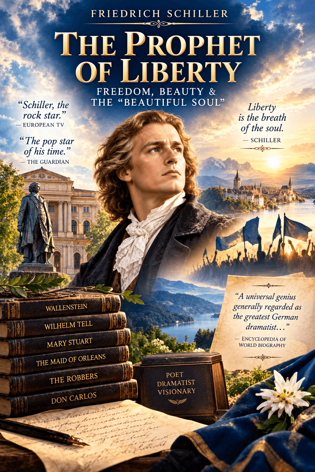 《自由先知》(The Prophet of Liberty) 書籍封面,展示席勒、書籍與歐洲著名地標。