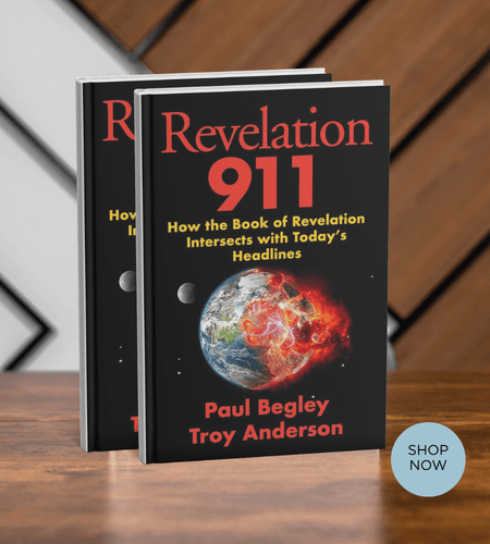 Two copies of the book Revelation 911 featuring a burning Earth on a wooden surface.