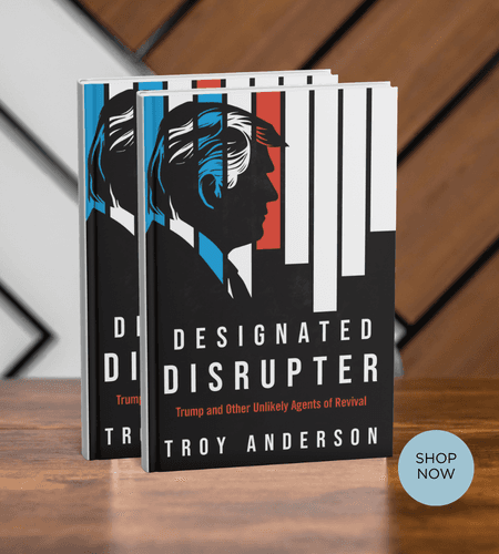 Two copies of Designated Disrupter by Troy Anderson featuring a stylized silhouette of Donald Trump.