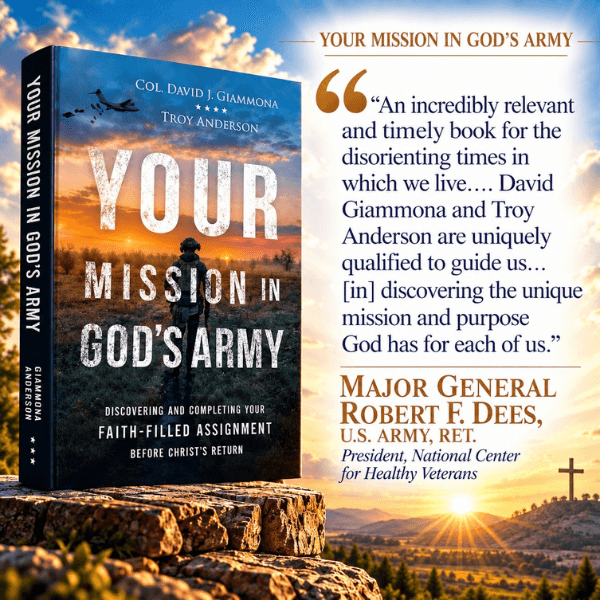 Your Mission in God's Army book cover with soldier silhouette and military testimonial quote.