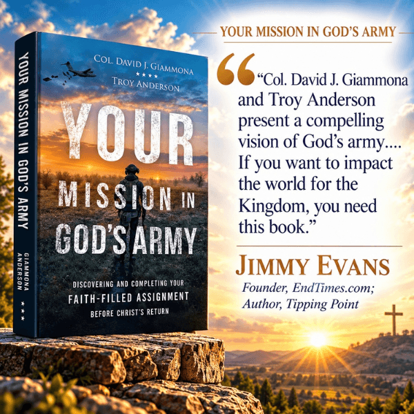 Promotional graphic for "Your Mission in God's Army" book featuring a soldier and sunrise landscape.