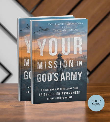 Two copies of "Your Mission in God's Army" book featuring a soldier walking at sunset.