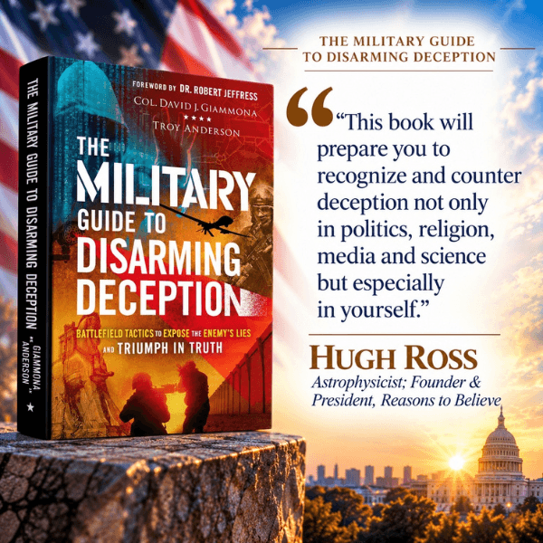 "The Military Guide to Disarming Deception" book cover with a quote and sunset Capitol view.