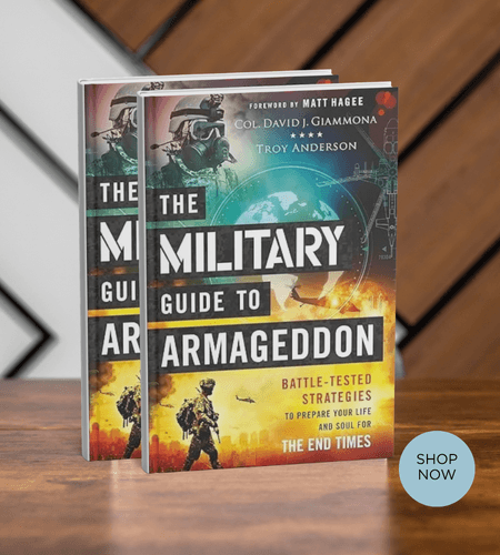 Two copies of The Military Guide to Armageddon book featuring soldiers and apocalyptic imagery.