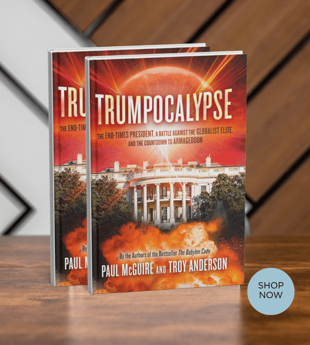 Two copies of Trumpocalypse showing the White House in flames with a shop now button.