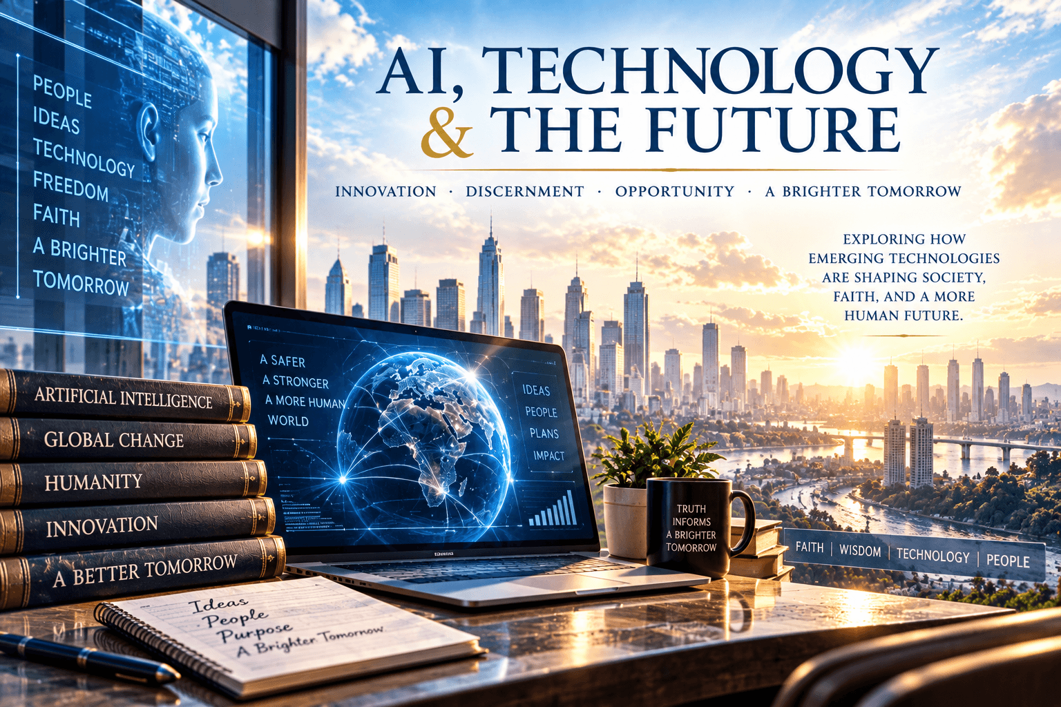 Laptop and books on a desk overlooking a futuristic city skyline with AI-themed text.