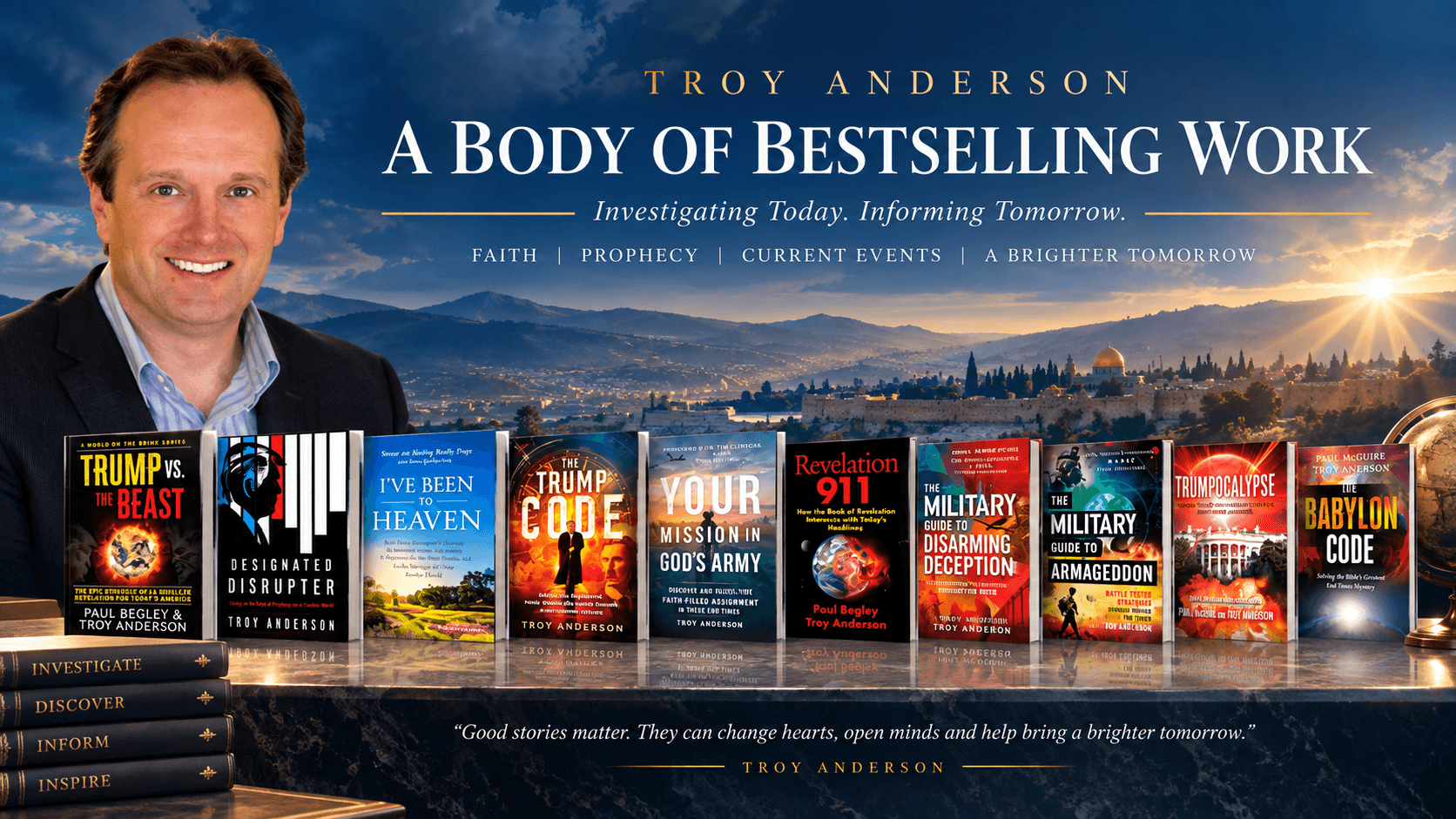 特洛伊·安德森 (Troy Anderson) 的肖像與暢銷著作,背景為耶路撒冷日落全景及名言。