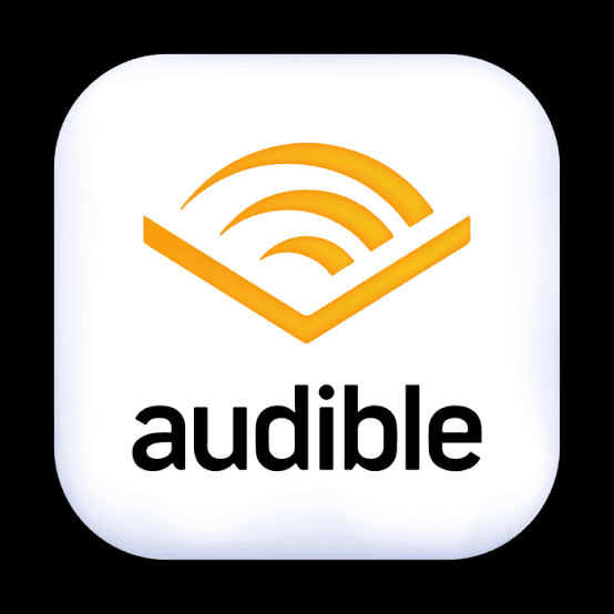 Audible app icon featuring an orange open book logo and black text on white background.
