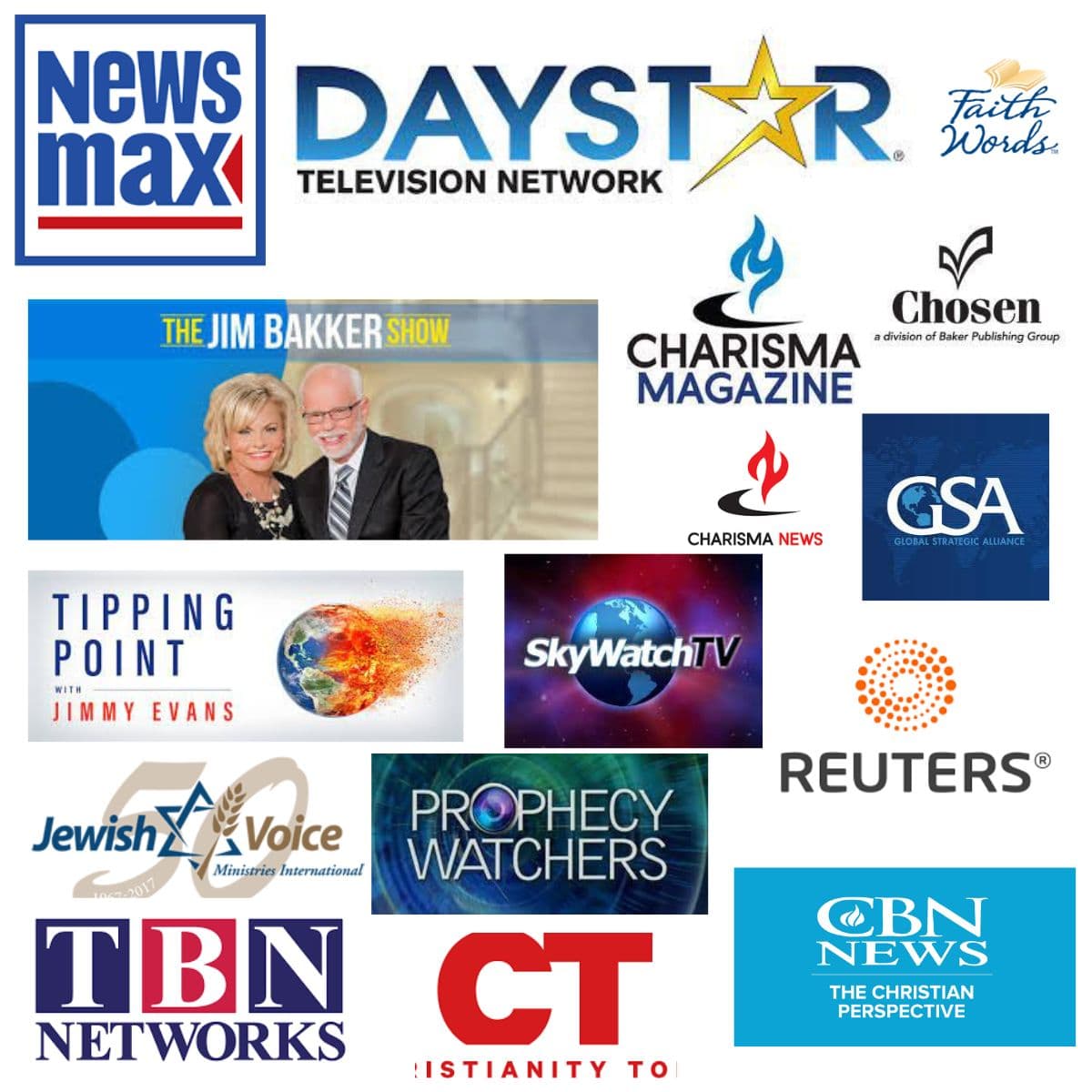 Collage of logos for Christian, conservative, and mainstream media outlets including Newsmax and Reuters.