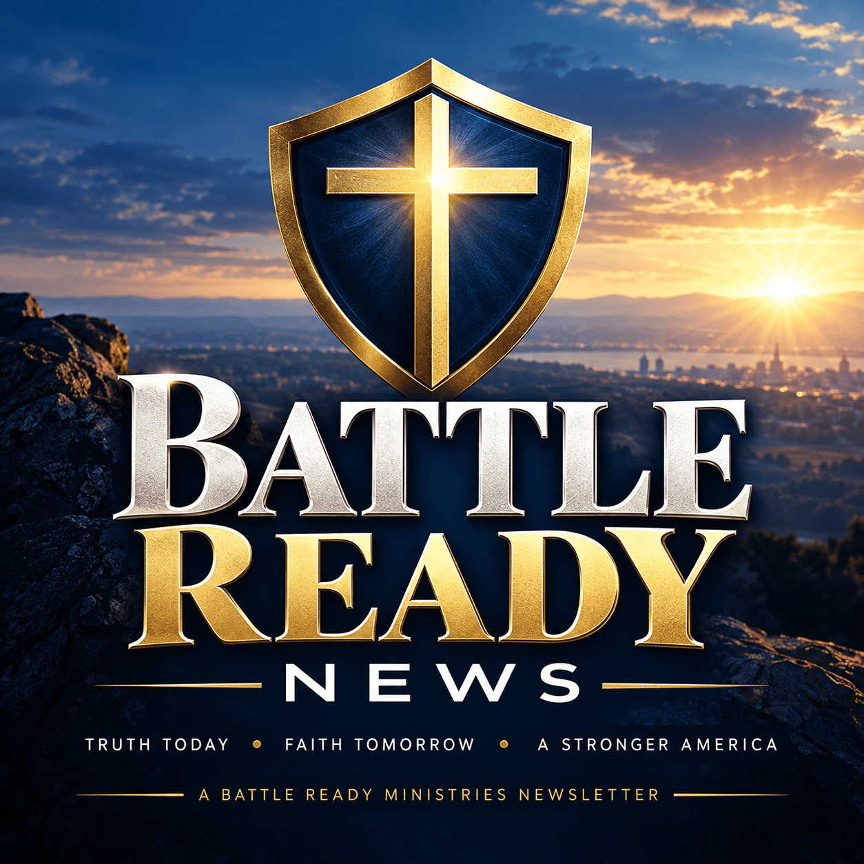 「備戰新聞」(Battle Ready News) 標誌,呈現日出下的城市景觀與金色十字架盾牌。