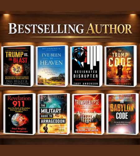 Eight books about Trump and prophecy displayed on wooden shelves under Bestselling Author text.