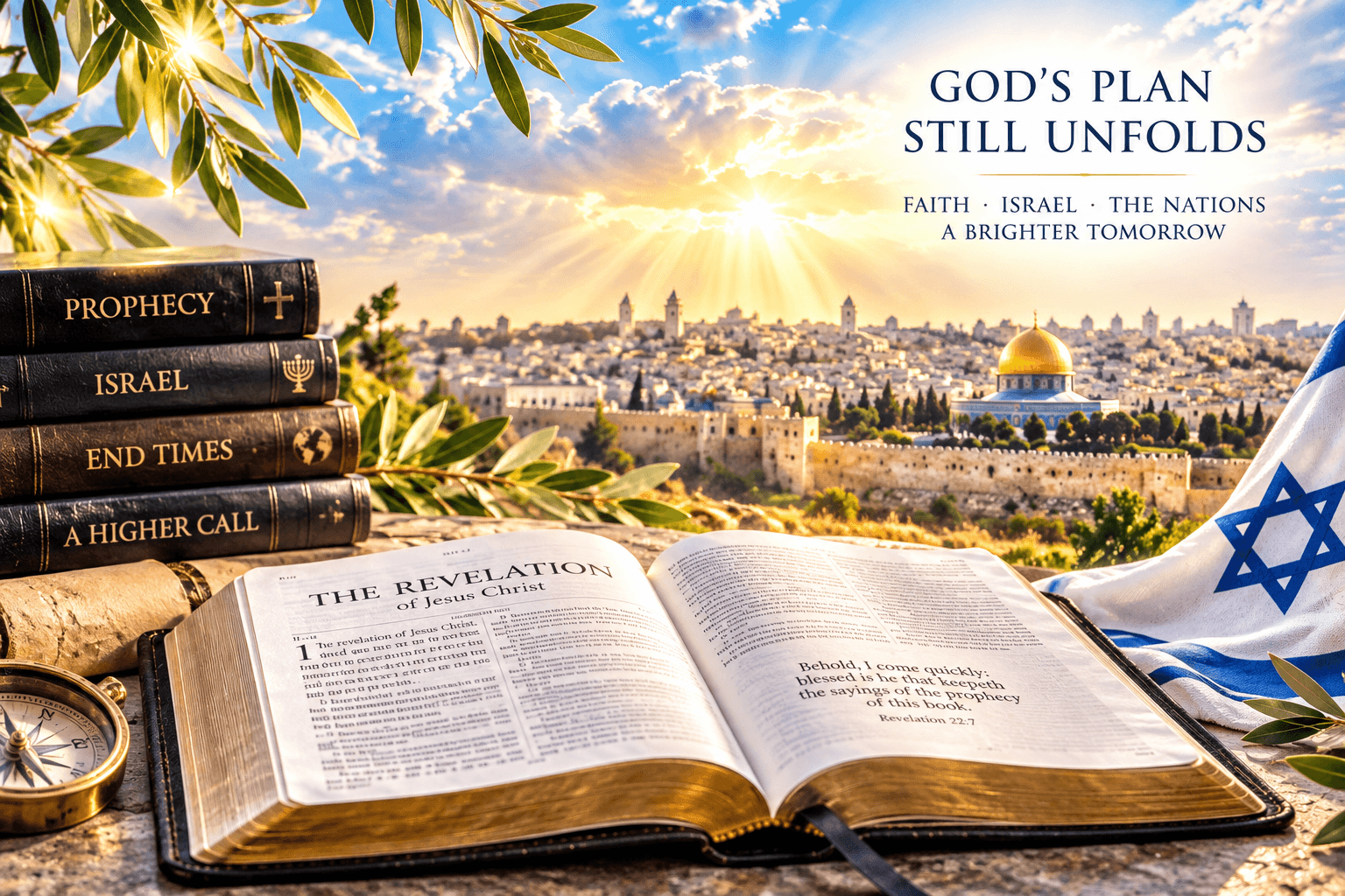 Open Bible and books overlooking Jerusalem at sunrise with text "God's Plan Still Unfolds."