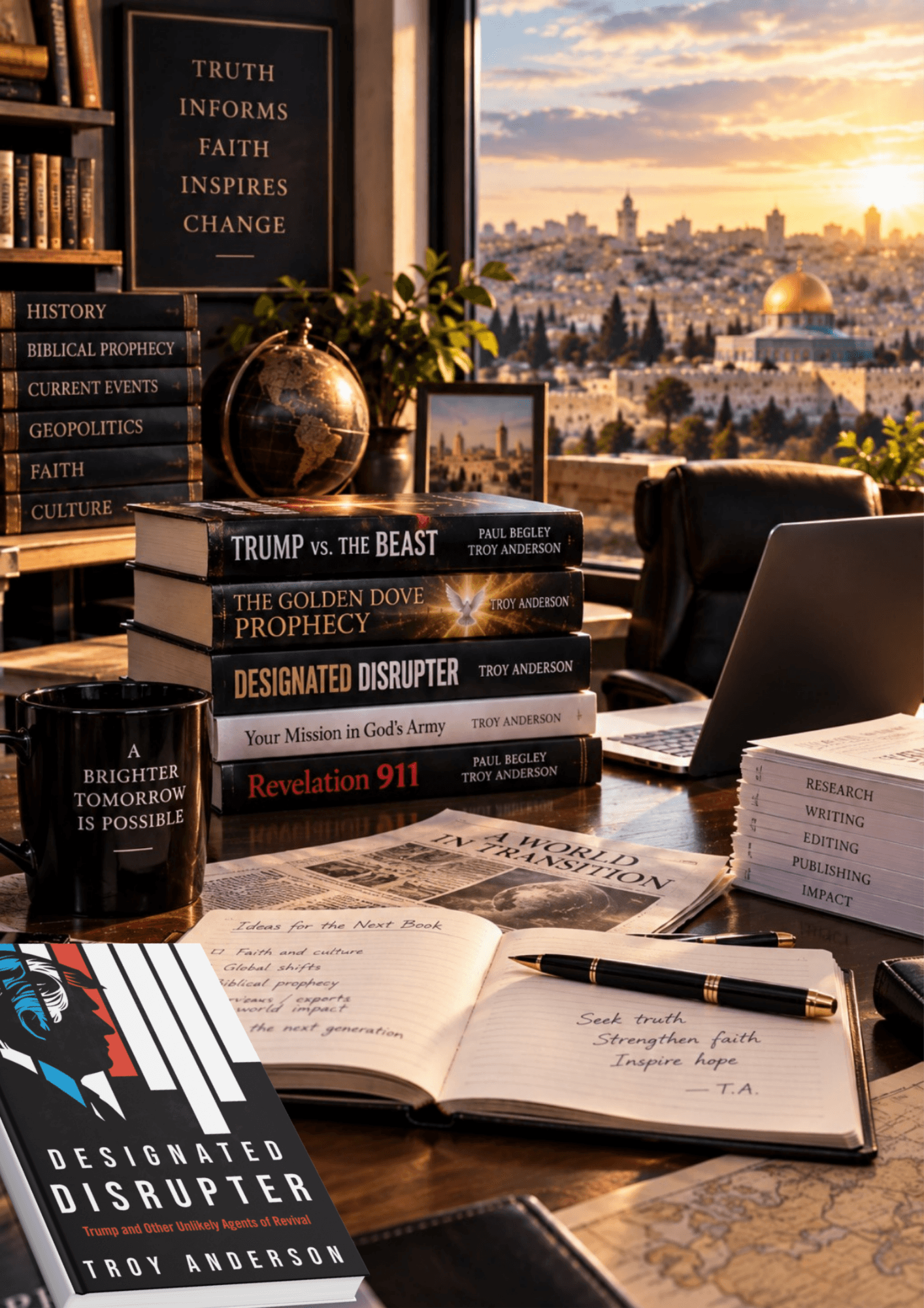 Study desk with books and a notebook overlooking the Dome of the Rock at sunset.