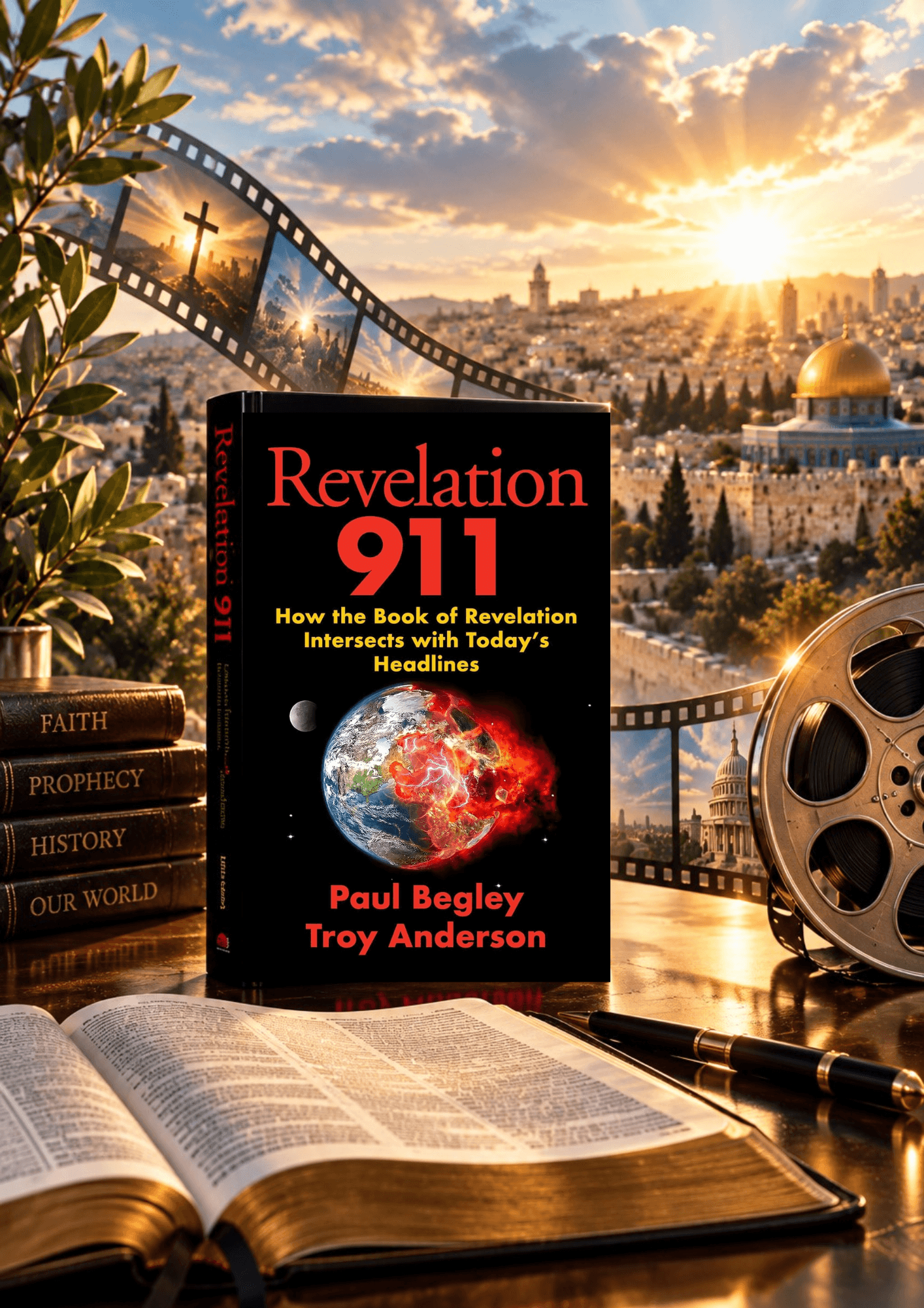Revelation 911 book cover with burning Earth, open Bible, and Jerusalem skyline at sunset.
