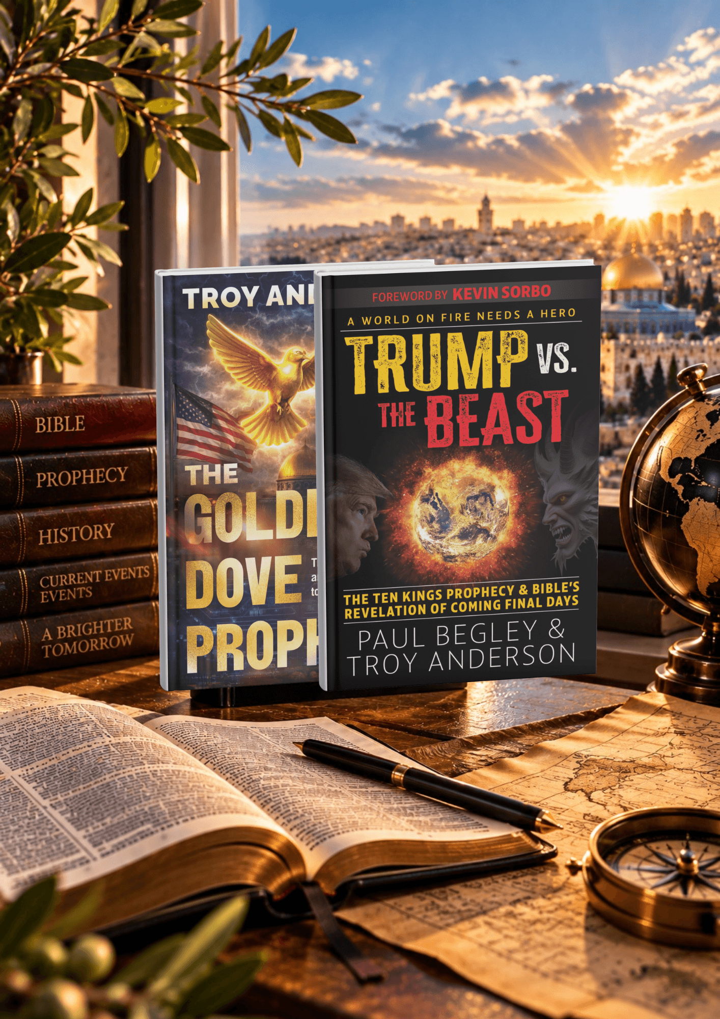 Trump vs. The Beast and The Golden Dove Prophecy books on a desk overlooking Jerusalem.