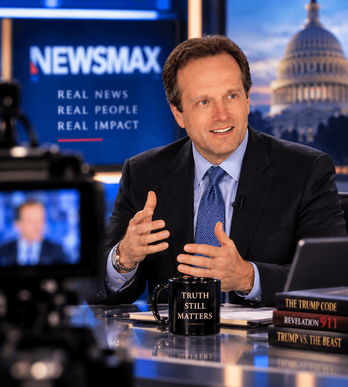 Man in a suit gesturing on a Newsmax set with books and the Capitol background.