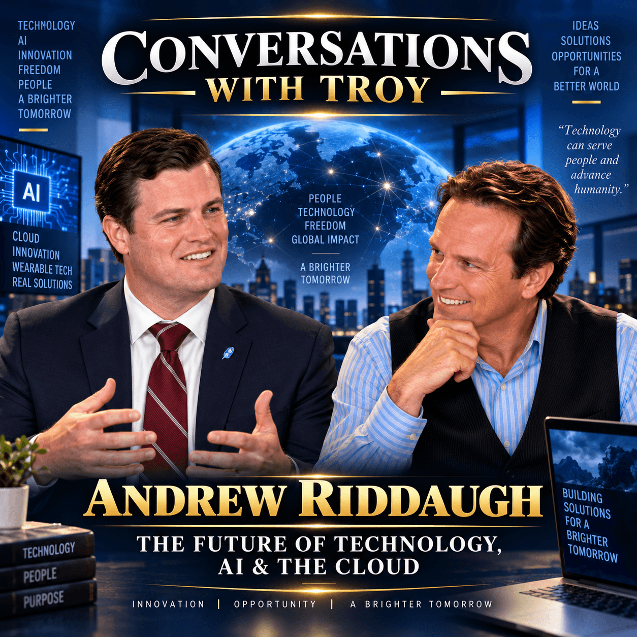 Promotional graphic for "Conversations with Troy" featuring Andrew Riddaugh discussing AI and technology.