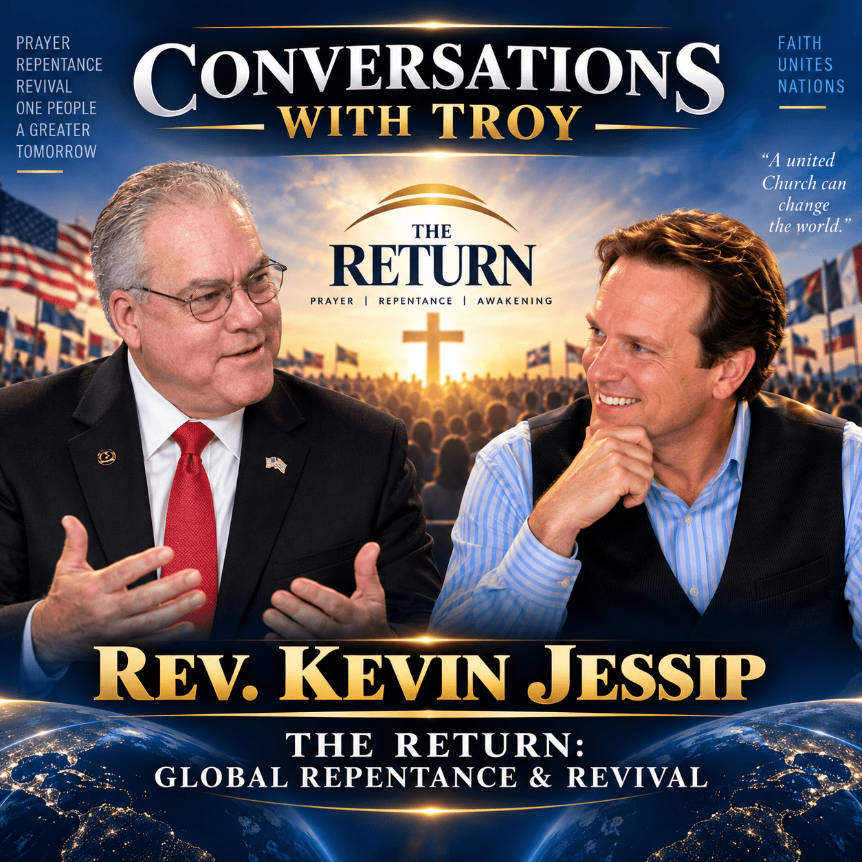 Promotional graphic for Conversations with Troy featuring Rev. Kevin Jessip discussing global repentance and revival.