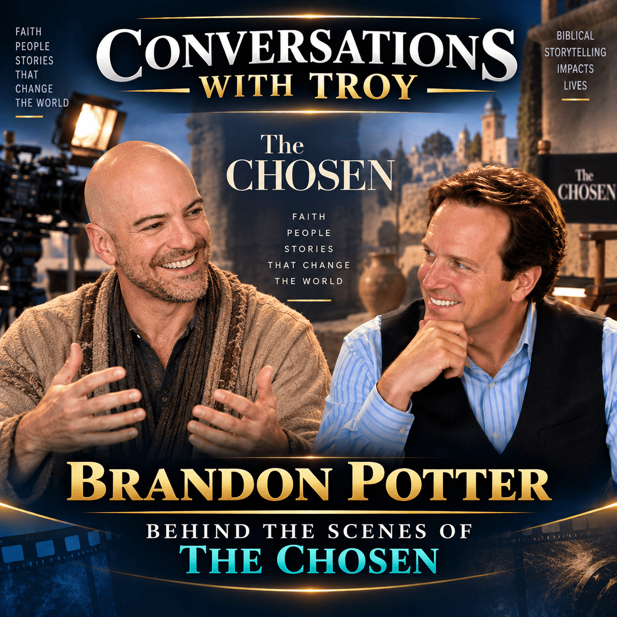 Brandon Potter and Troy smiling during a behind the scenes interview for The Chosen.