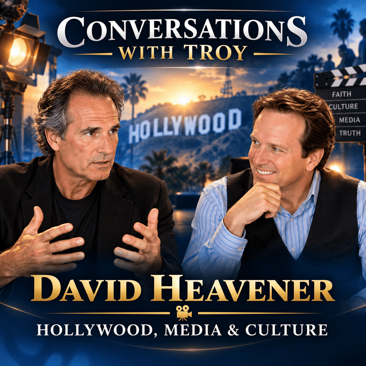 David Heavener and Troy discussing Hollywood, media, and culture in a studio setting.