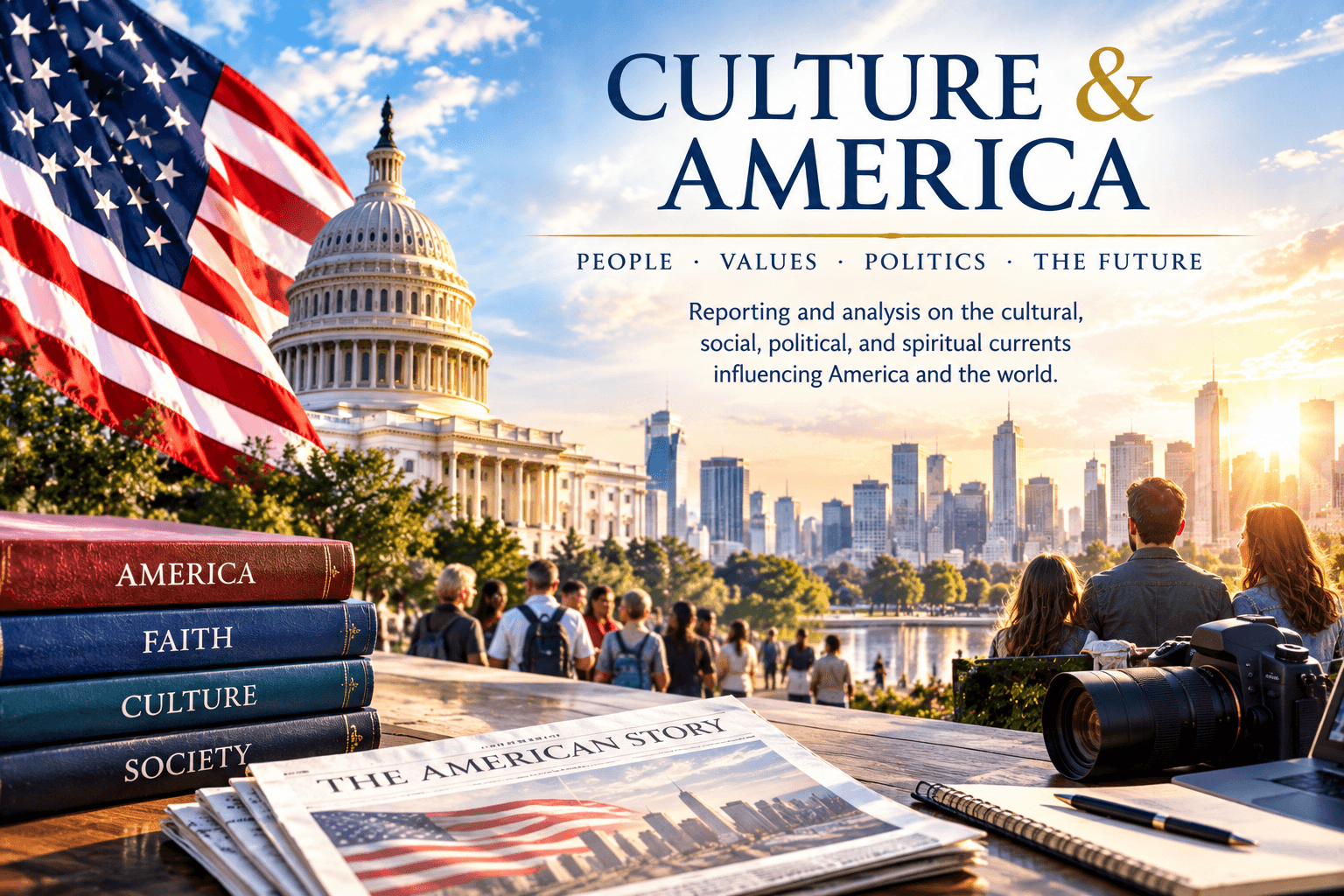 US Capitol, American flag, books, and newspaper overlooking a city skyline with people.