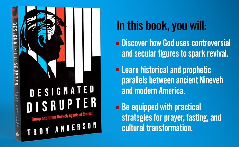 Book cover Designated Disrupter by Troy Anderson featuring Donald Trump's silhouette and promotional text.