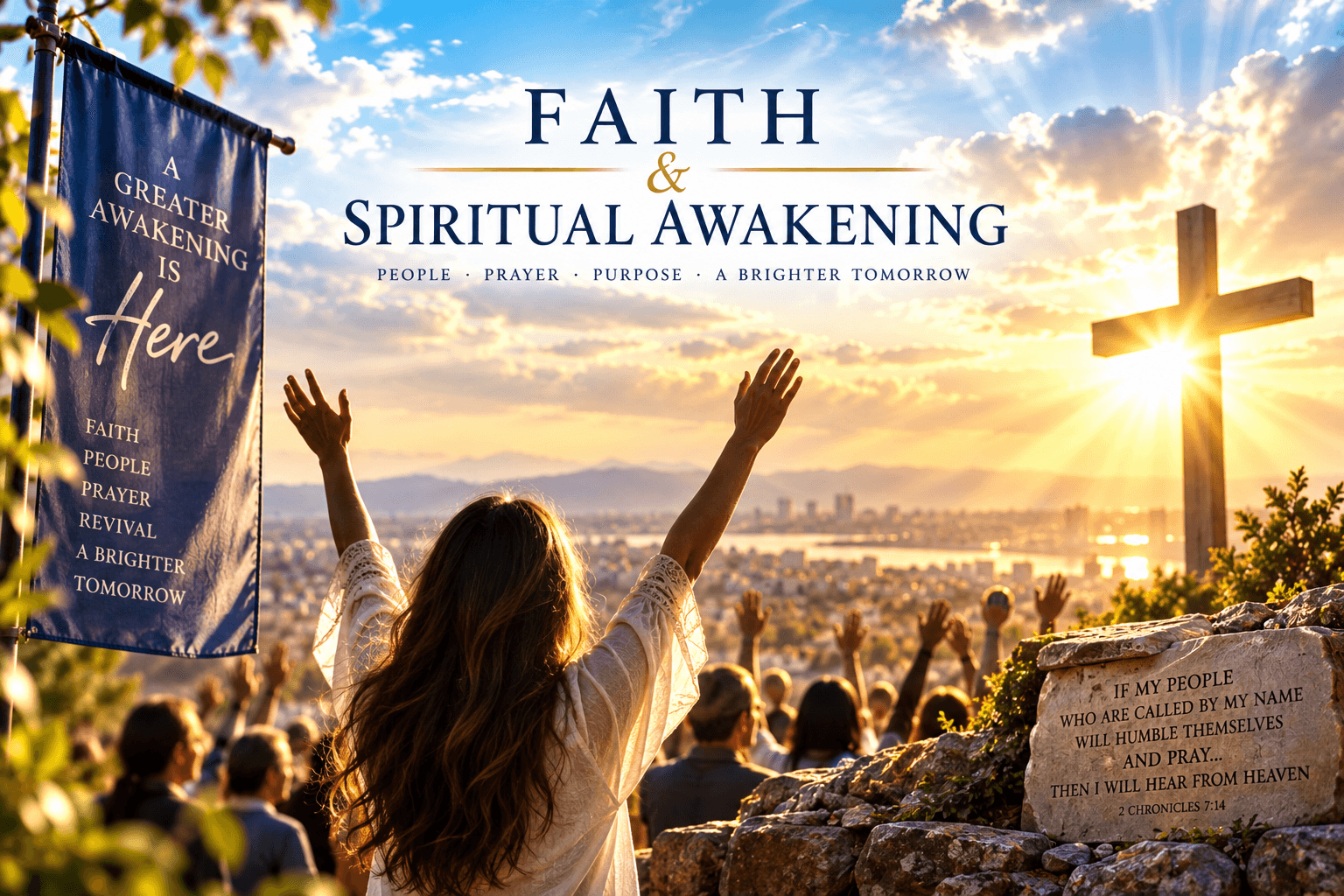 Woman worshiping at sunrise overlooking a city with a cross and spiritual awakening text.