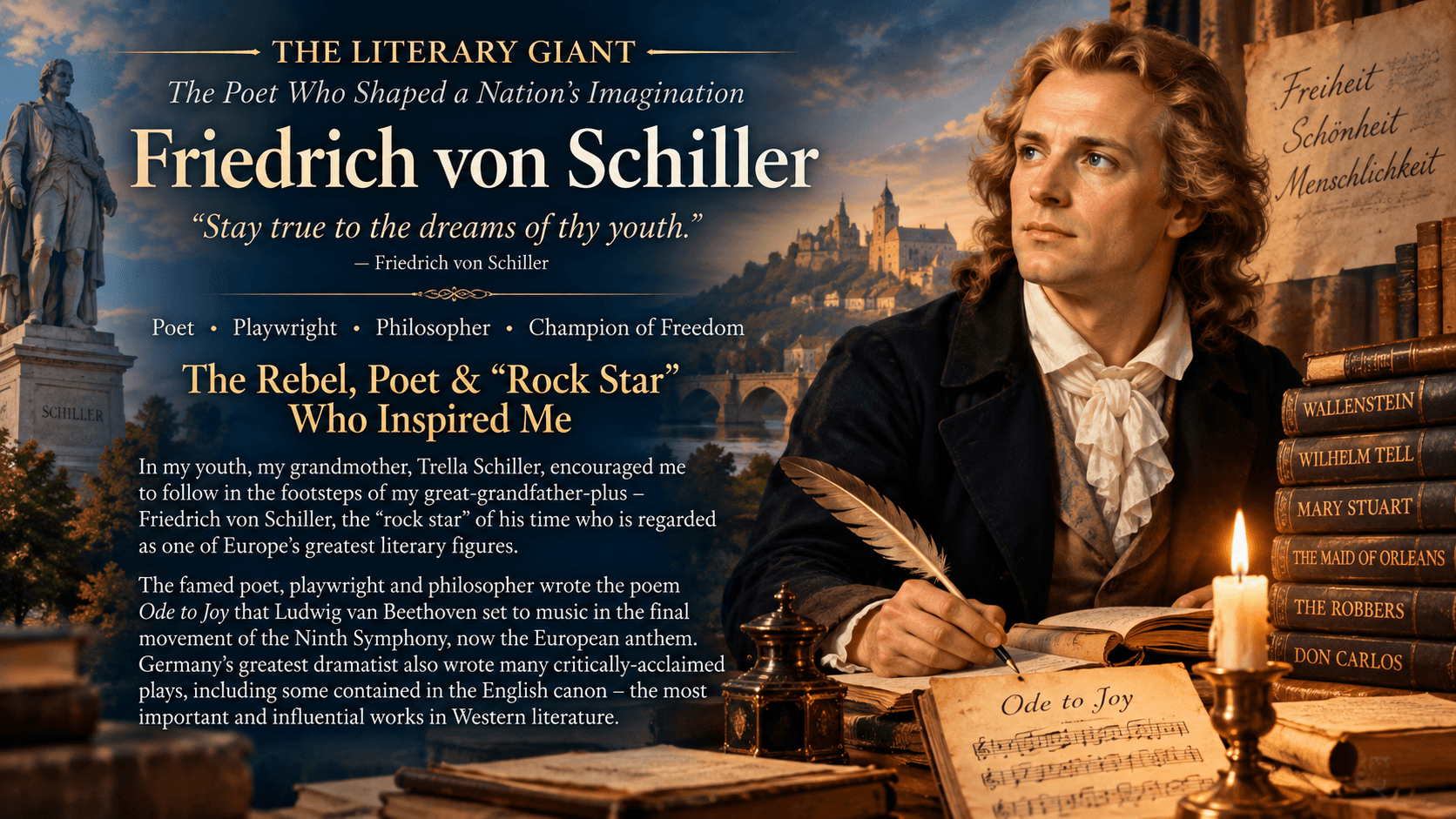席勒 (Friedrich von Schiller) 肖像,配有羽毛筆、書籍及讚頌其文學遺產的文字。