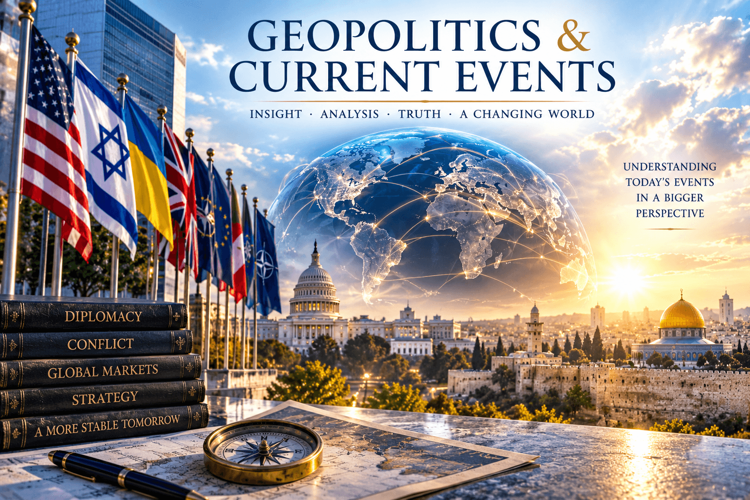 International flags, world landmarks, and a glowing globe with books on diplomacy and global strategy.