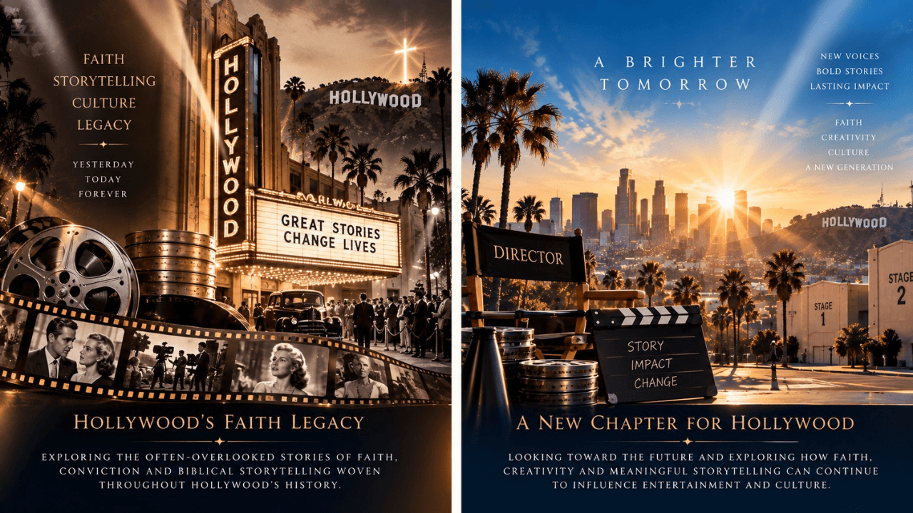 Split-screen graphic contrasting Hollywood's vintage faith legacy with a vibrant, modern future for storytelling.