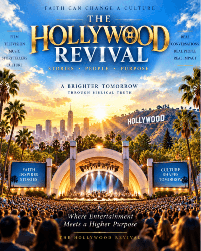 Poster for The Hollywood Revival showing a crowded amphitheater at sunset with the Hollywood sign.