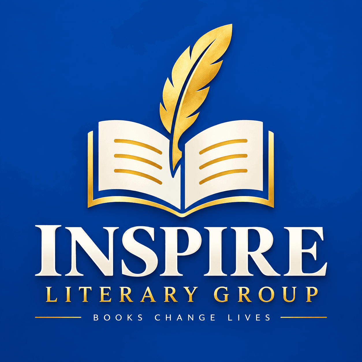 「啟發文學集團」(Inspire Literary Group) 標誌,包含金色羽毛筆、打開的書本,以及標語「書籍改變生命」。