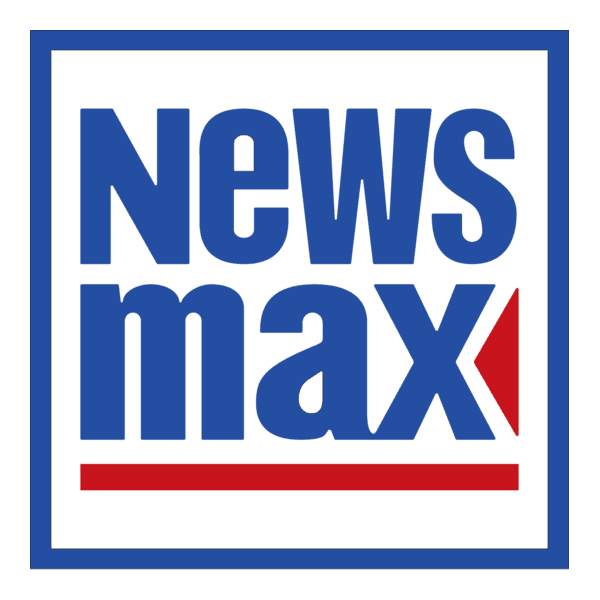 Newsmax logo with blue text, a red triangle in the 'x', and a red underline.