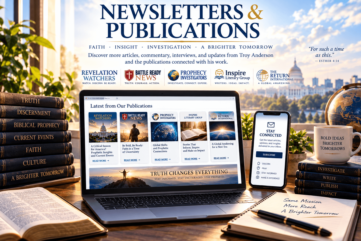 Laptop and phone displaying Christian newsletters on a desk with books, Bible, and city view.