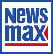 Newsmax logo featuring blue text, a red triangle, and red line within a blue frame.