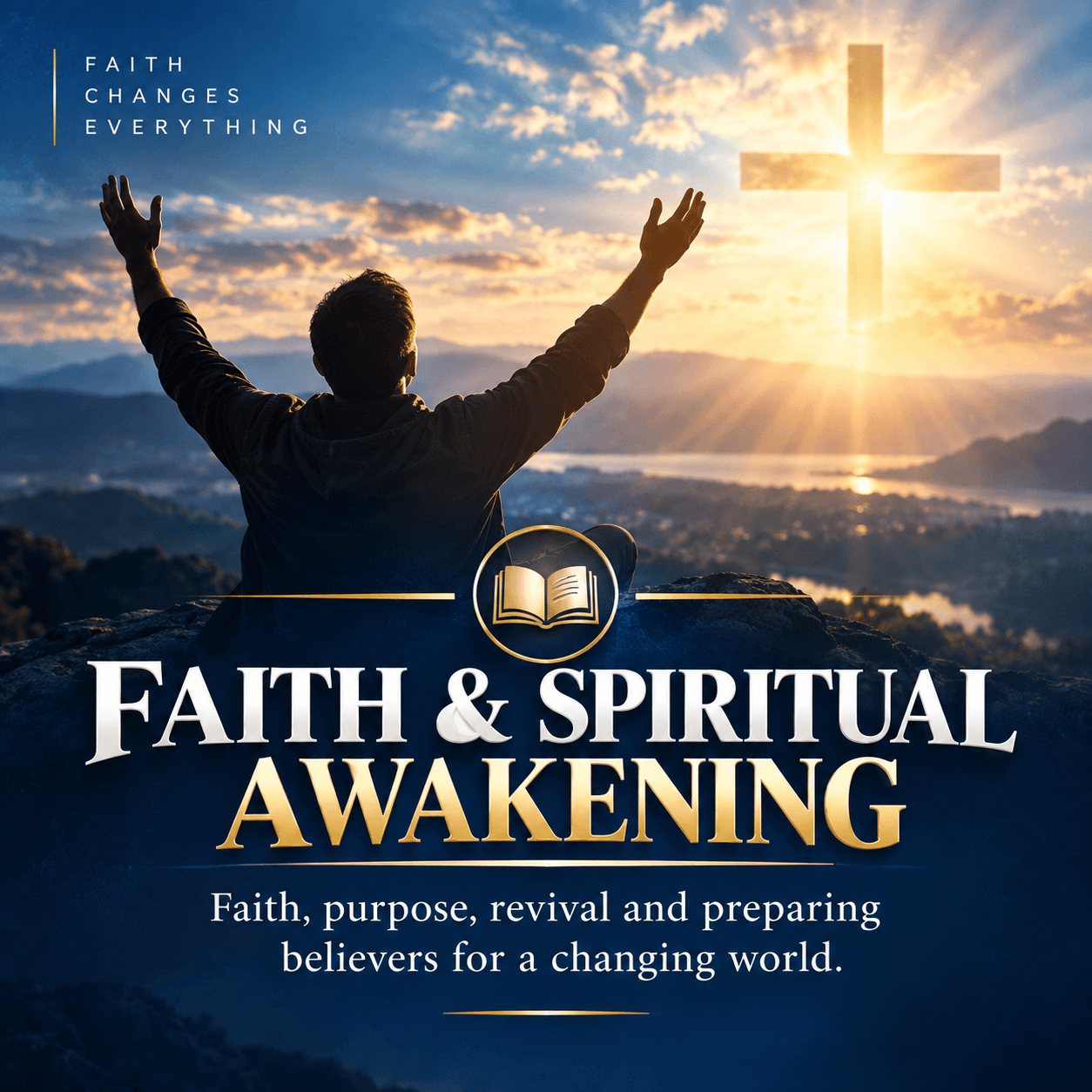 Man with arms raised on a mountain peak facing a glowing cross at golden sunset.