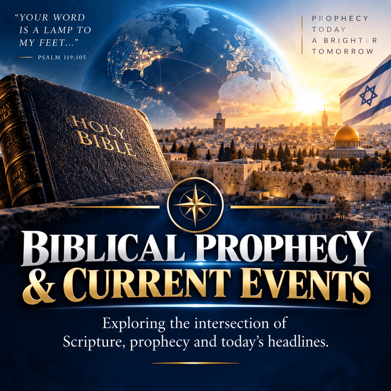 Holy Bible before Jerusalem skyline and globe, with text about biblical prophecy and current events.