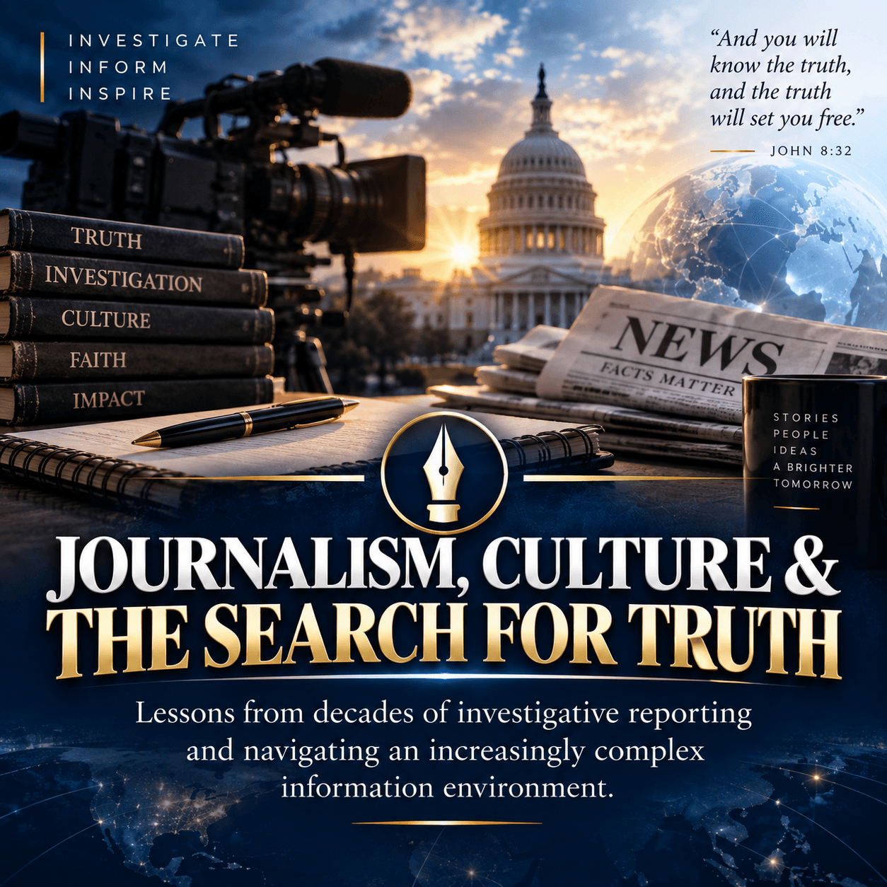 Journalism tools and books on a desk before the US Capitol building at sunrise.