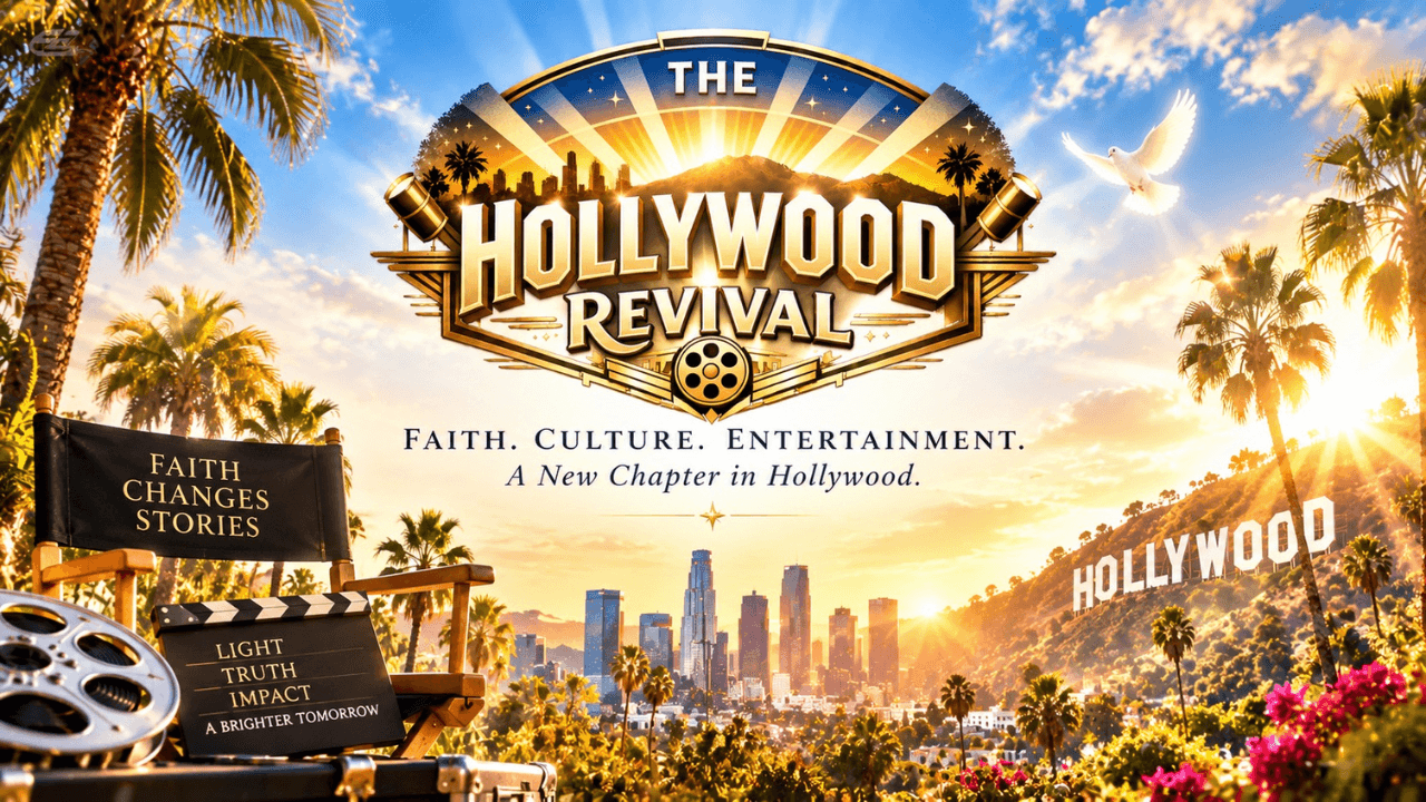 The Hollywood Revival logo over a sunlit Los Angeles skyline with a director's chair.