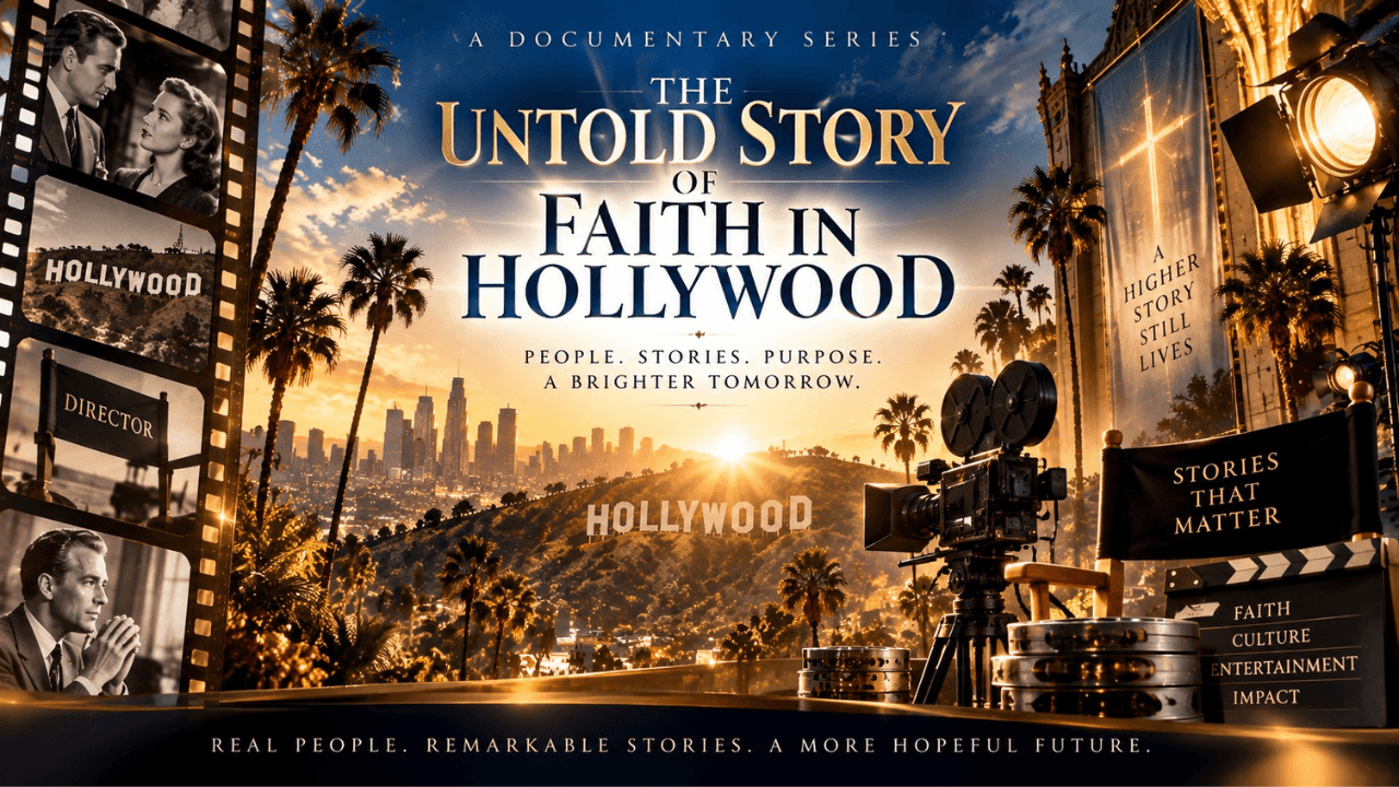 Poster for "The Untold Story of Faith in Hollywood" featuring vintage film equipment and sunset.
